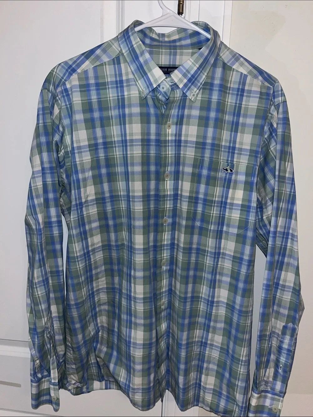Fish Hippie COTTON Pastel Green Blue Plaid Tartan LS Solace Collection Shirt L